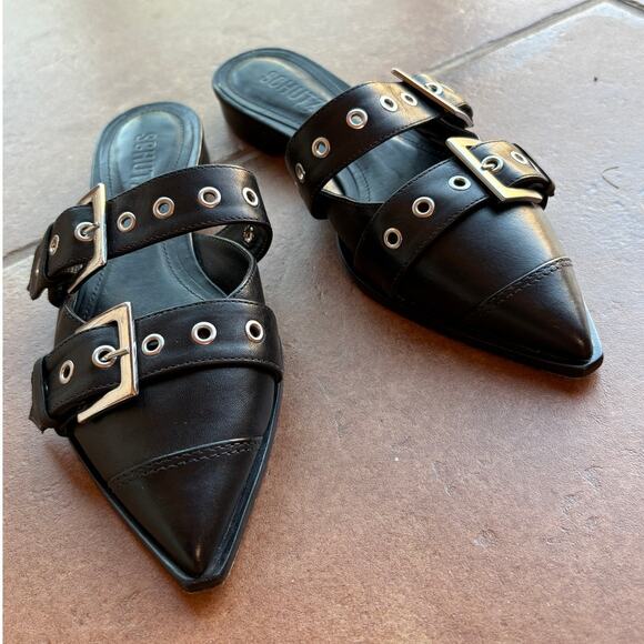 Schutz "Penny Flats" Black Buckle Mules with Silver Hardware, Pointy Toes size 6 - Picture 14 of 15